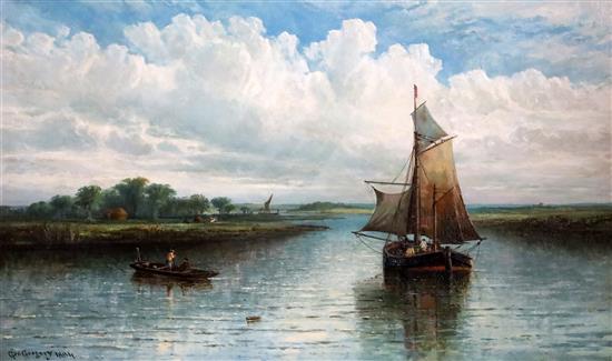 George Gregory (1849-1938) Sail barges and anglers in a river landscape 15.5 x 25.5in.